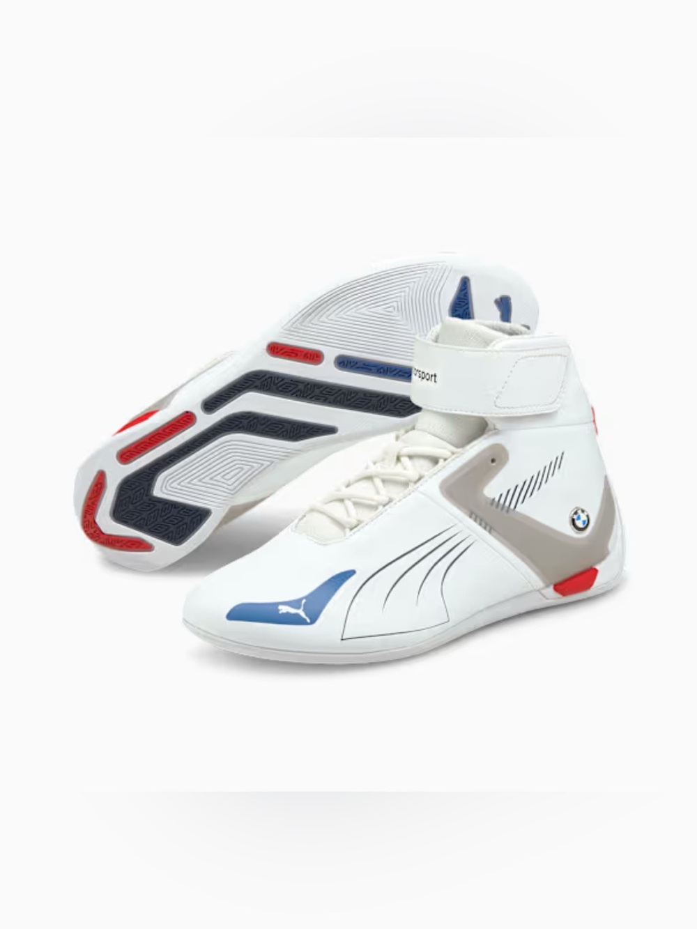 Puma White High-Top Racing Sneakers with Blue and Red Accents